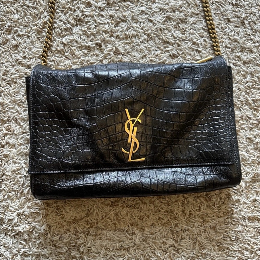 Saint Laurent Black Croc-Embossed Crossbody Bag